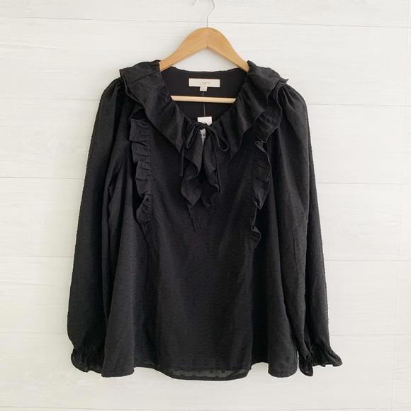 NWT LOFT - Black Swiss Dot long sleeve ruffled top, L - Picture 1 of 6